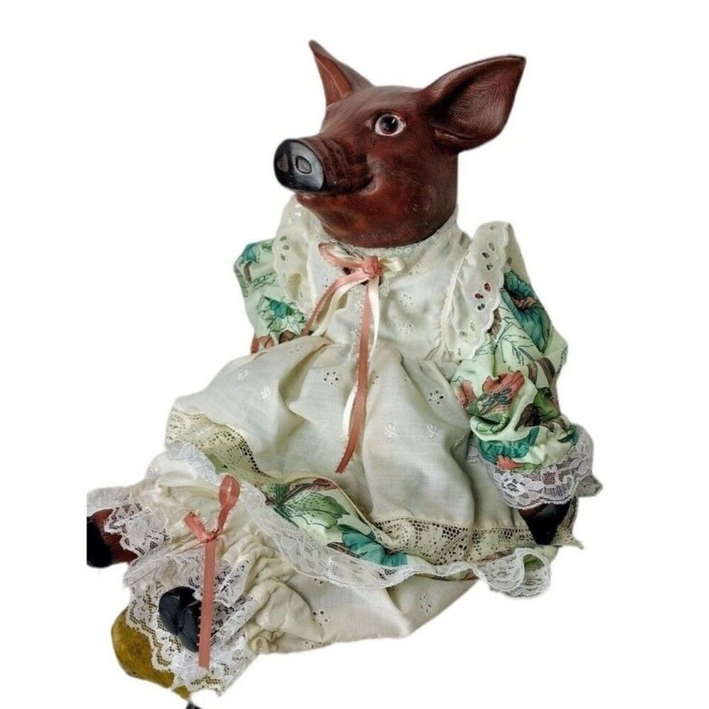 Antique Ceramic Macabre Anthropomorphic Pig Doll In Floral Dress & Bloomers